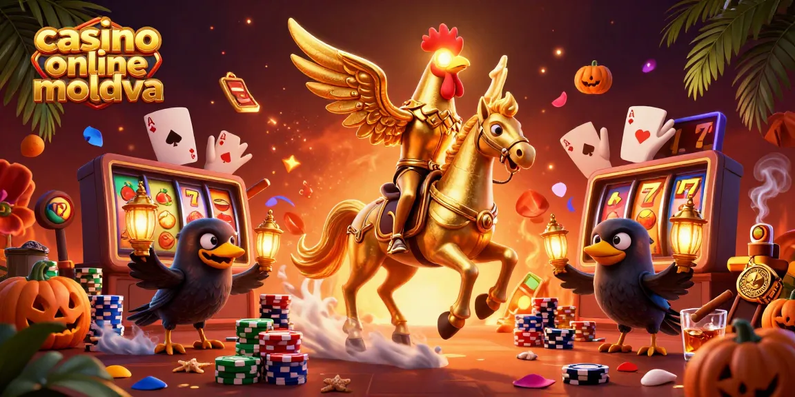 Experimentați atmosfera captivantă a cazinoului online Moldova cu o ilustrație vibrantă 3D care prezintă sloturi, câștiguri și personaje fantastice.