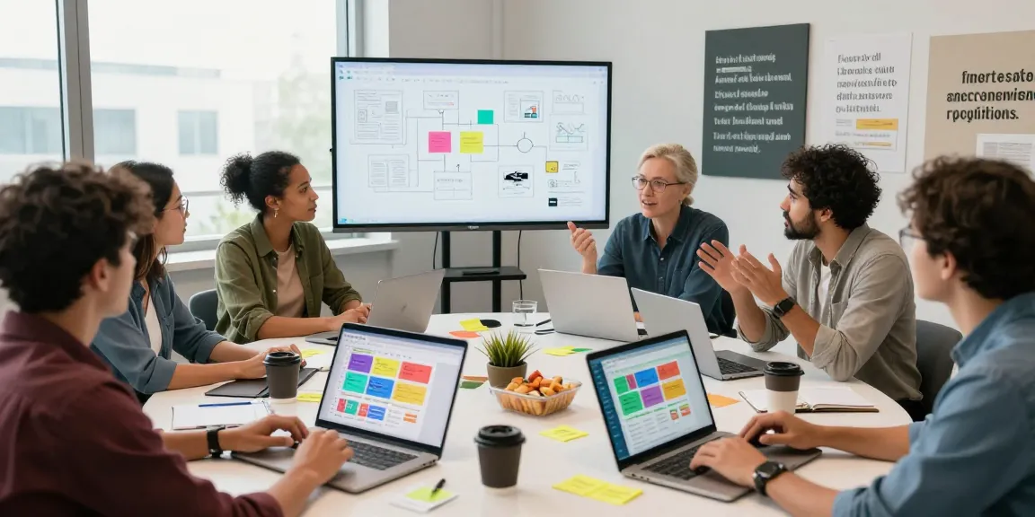 Collaborative team using mixboard ai to brainstorm ideas in a modern workspace