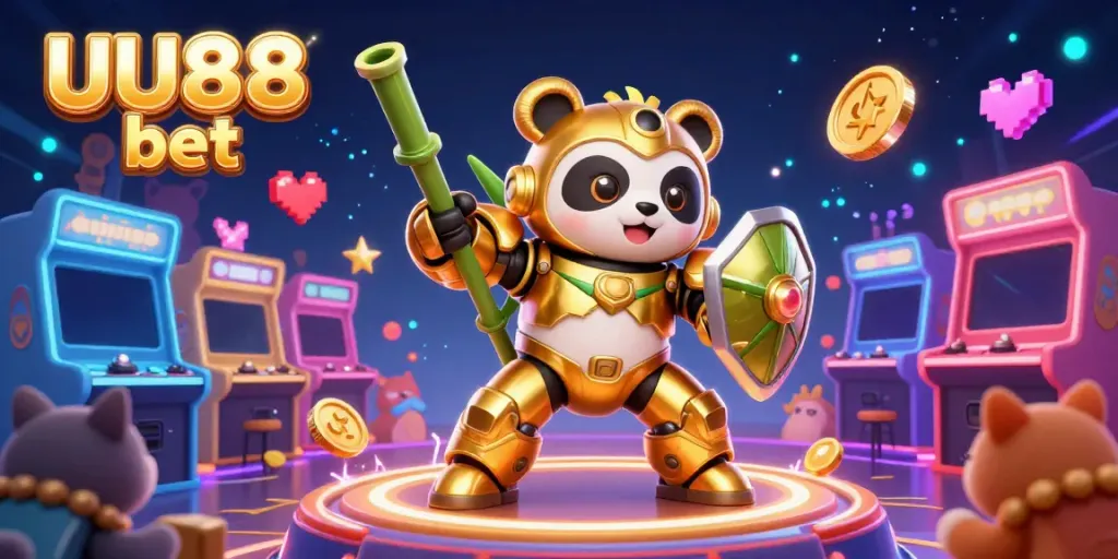 Engage in thrilling casino action with UU88 bet, featuring colorful arcade elements and a dynamic panda robot.