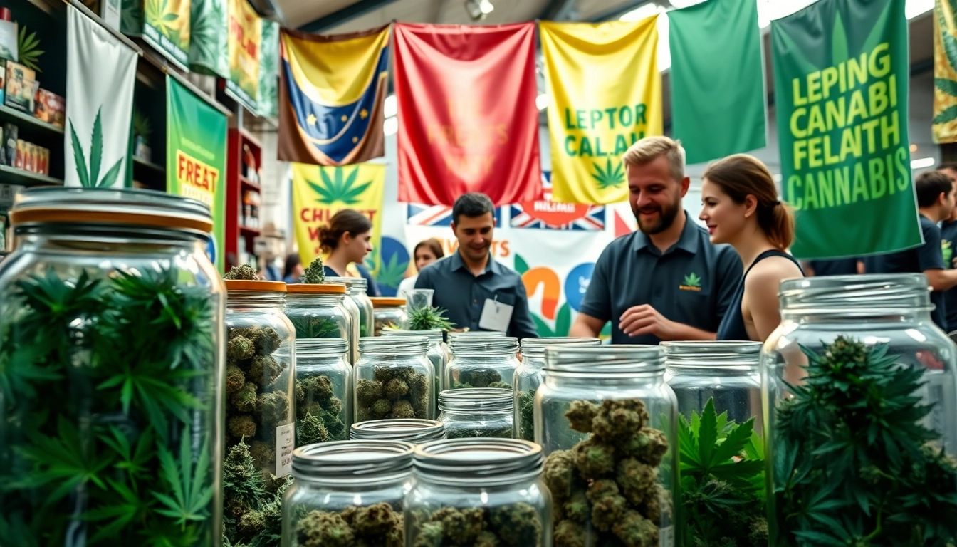 Engaged vendor showcasing weed for sale uk in a vibrant market setup.