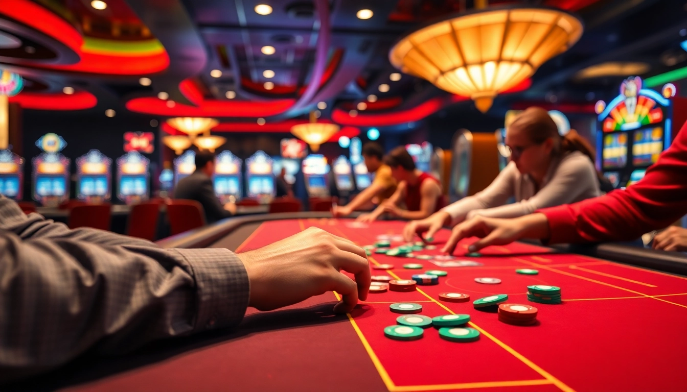 Bermain di meja kasino dengan Slot Depo 5000, suasana ramai dan penuh warna.