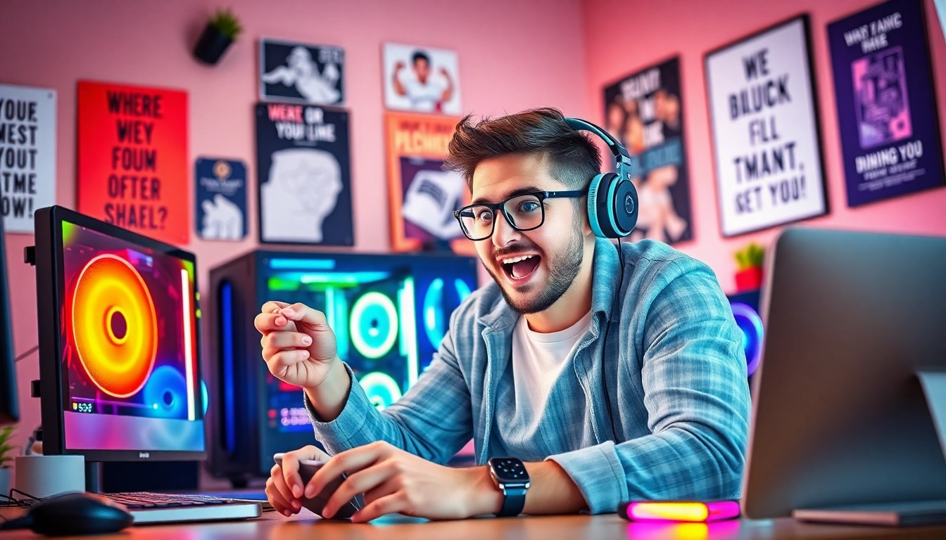 Engaging moment of geekthc enthusiast interacting with high-tech gadgets in vibrant workspace.