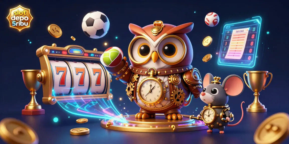 Engage with exciting slot depo 5ribu gaming elements featuring a whimsical owl, dynamic sports balls, and jackpot symbols.