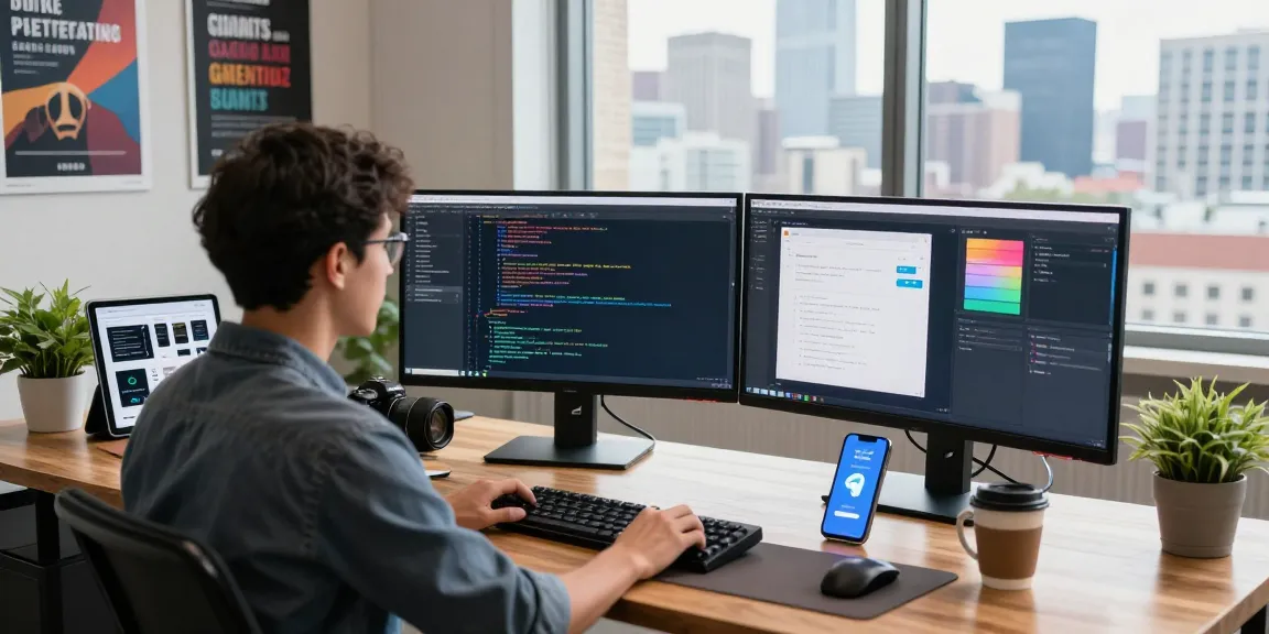 Developer focusing on telegram官网 applications in a vibrant workspace with modern tech.