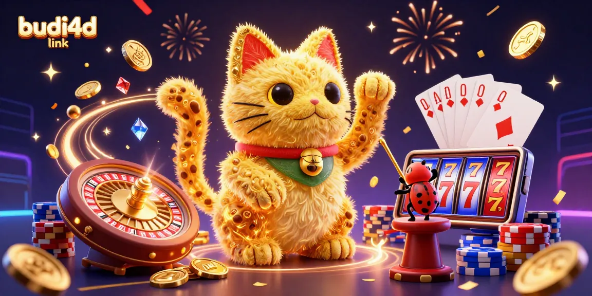 Experience the thrill of the budi4d link with a vibrant illustration of a lucky cat formed by fireflies amidst casino action.