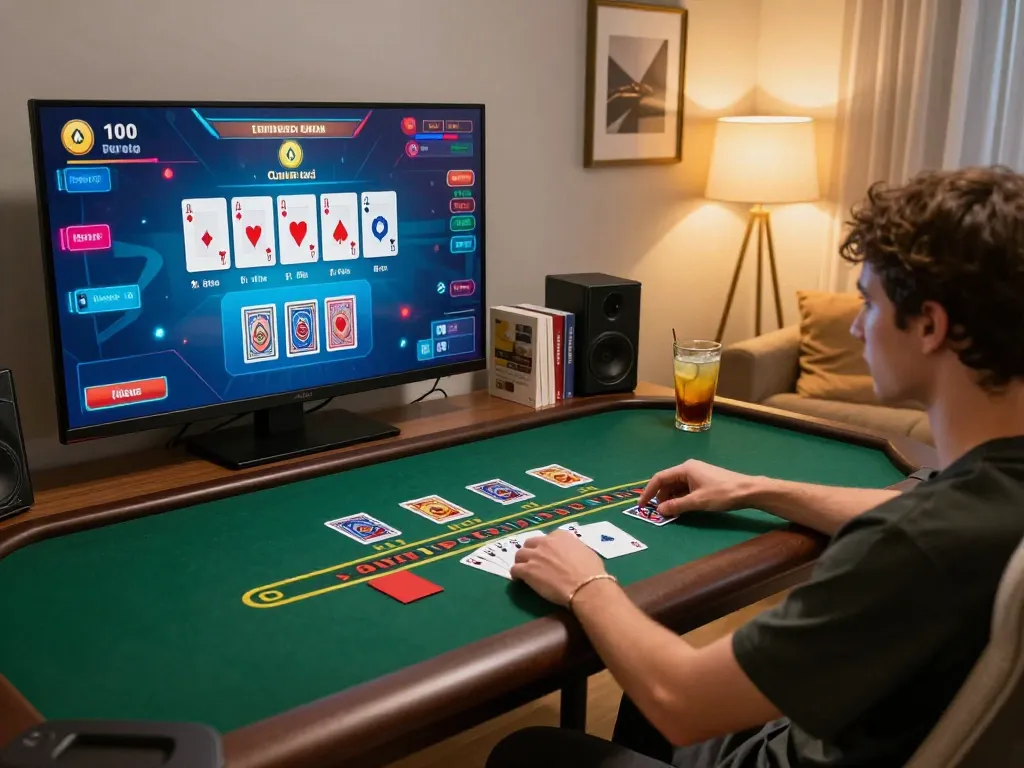 Engaging in online blackjack at open88 while enjoying a cozy home environment with strategic elements.