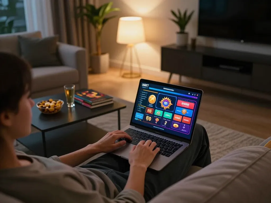 Playing games on USBET site from a cozy home setup, showcasing strategic online gambling.