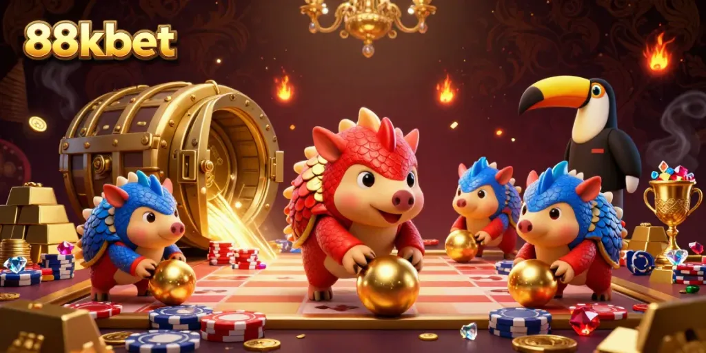 Join 88kbet in thrilling casino action where rival pangolins compete amid treasures and poker chips.