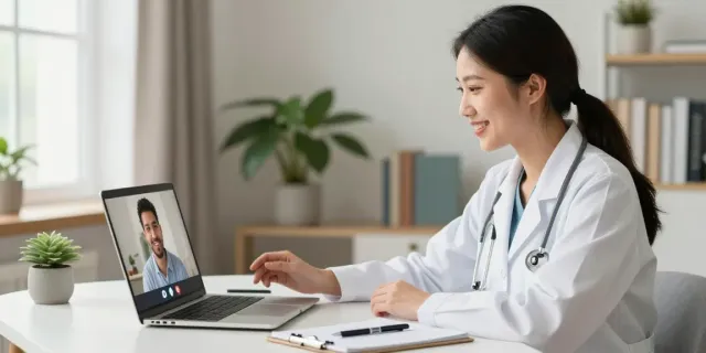 Healthcare professional consulting for a medical card online in a cozy home office.