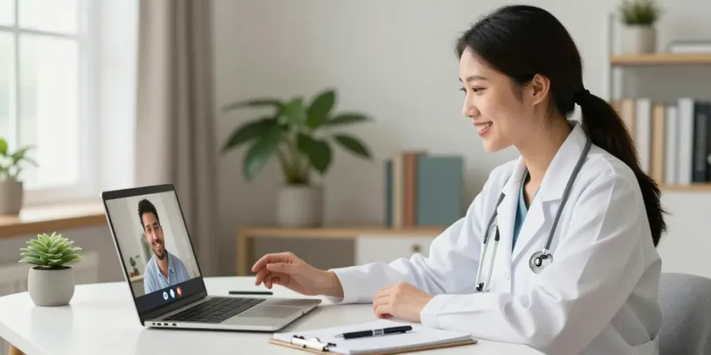Healthcare professional consulting for a medical card online in a cozy home office.