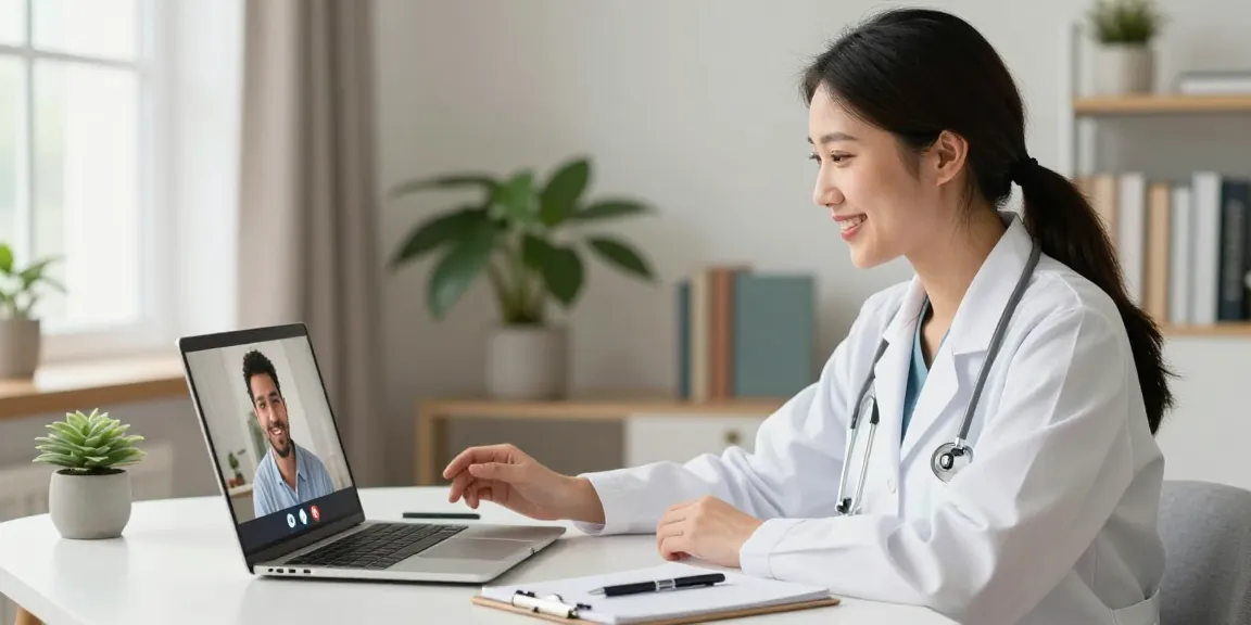 Healthcare professional consulting for a medical card online in a cozy home office.