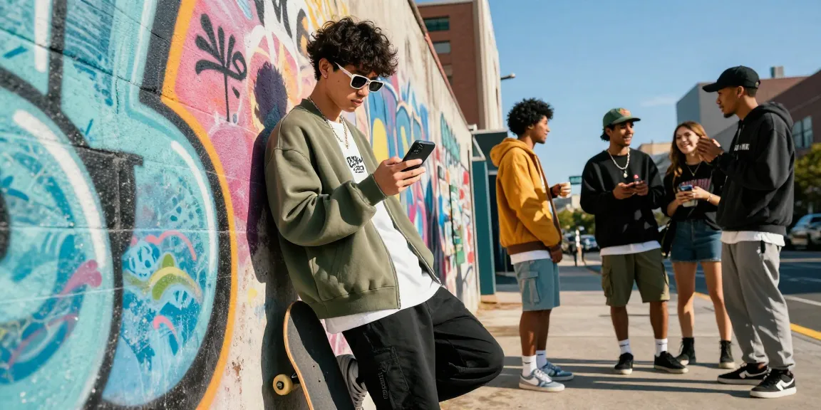 Person in stylish streetwear engaging with social media in an urban setting, highlighting cika4d lifestyle culture.