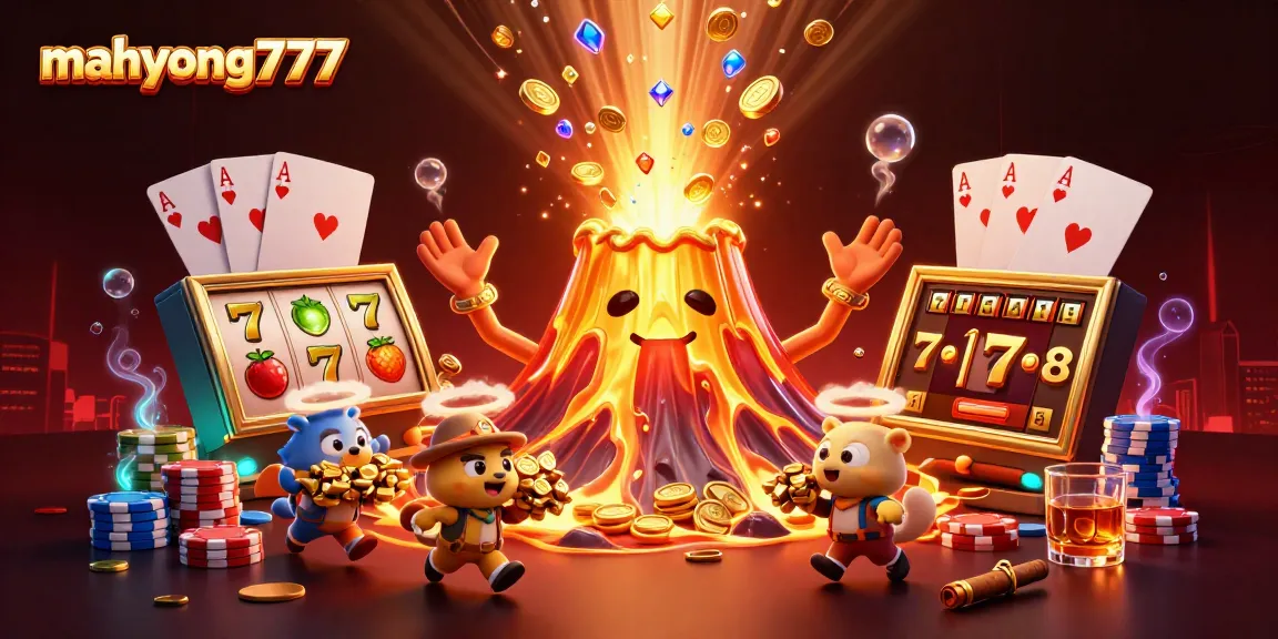 Play mahyong777 and witness a thrilling eruption of coins and treasures in a dynamic casino scene.