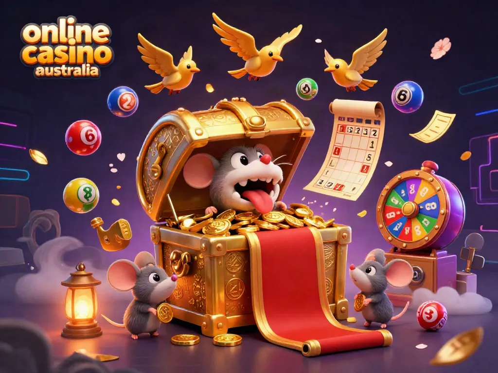 Catch exciting wins at an online casino Australia with a vibrant 3D treasure-themed illustration.