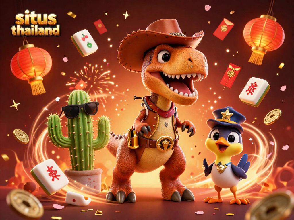 Engage in situs thailand gaming with an exciting 3D illustration featuring a cowboy T-Rex among festive casino elements.