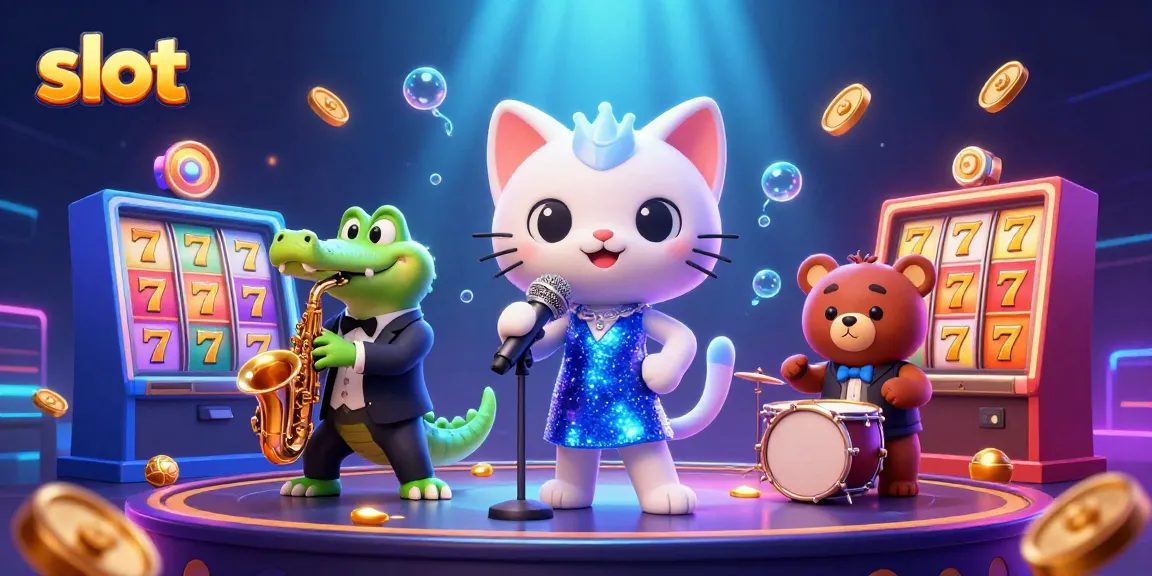 Spin the reels with vibrant slot gameplay featuring a jazz-singer cat and friends on stage.