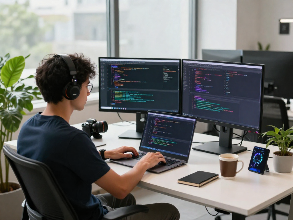 Developer coding on a sex bot project in a modern tech workspace with dual monitors.