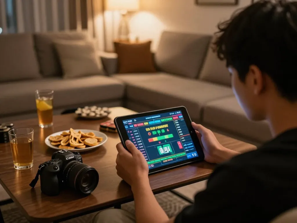 Engaged user analyzing keo nha cai odds on tablet in cozy home setting