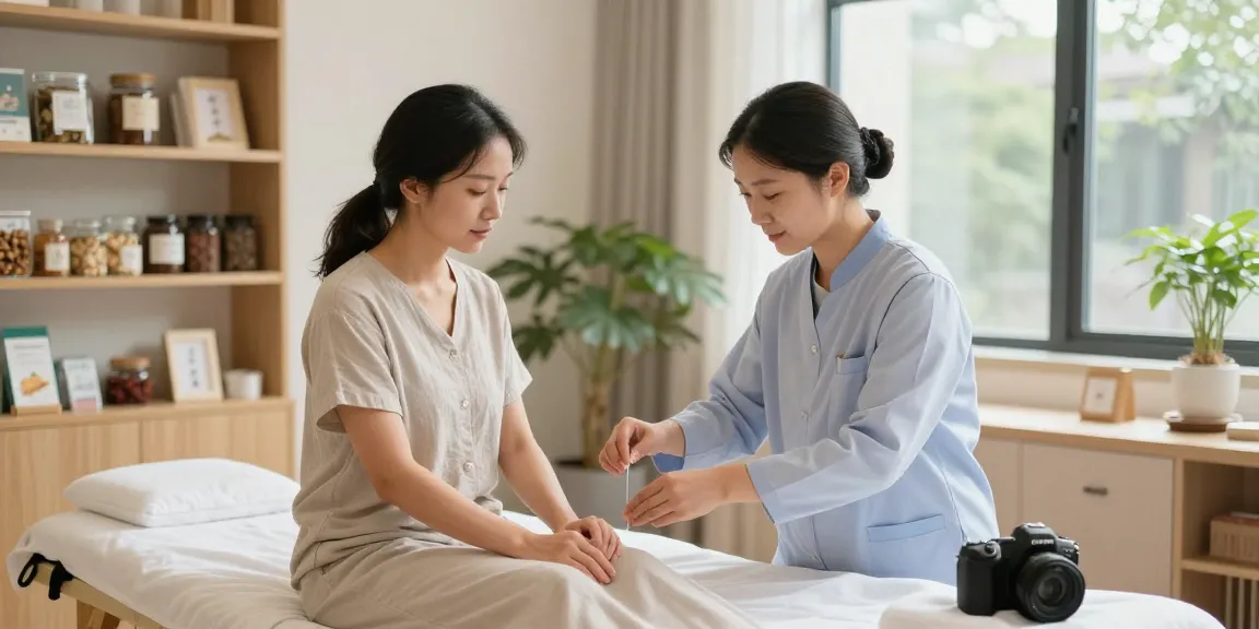 Welcoming 수원한의원 clinic scene with acupuncturist explaining treatment plan to patient.