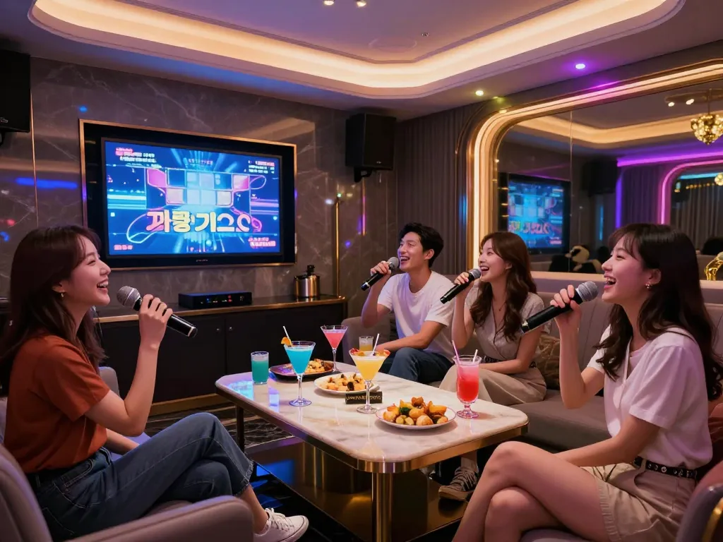 Experience the lively atmosphere of 강남가라오케 with friends in a glamorous private karaoke room.