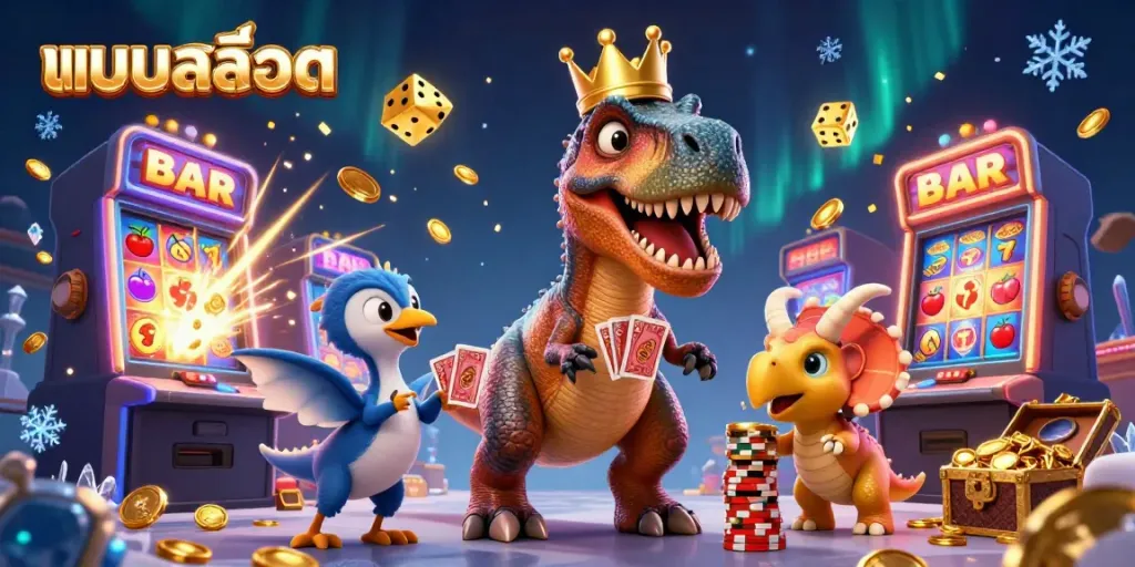 Experience the fun of แบบสล็อต with T-Rex shaking cards and a jackpot explosion in a vibrant casino scene!