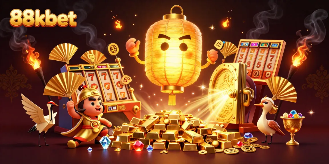 Experience the excitement of winning at 88kbet with vibrant casino elements and golden treasures.