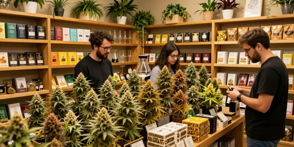 Engaging cannabis shop scene featuring premium gold buds Canada products displayed, inviting atmosphere.