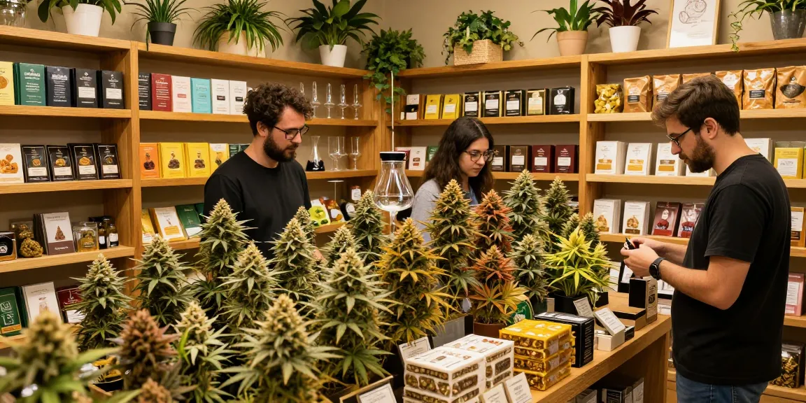 Engaging cannabis shop scene featuring premium gold buds Canada products displayed, inviting atmosphere.