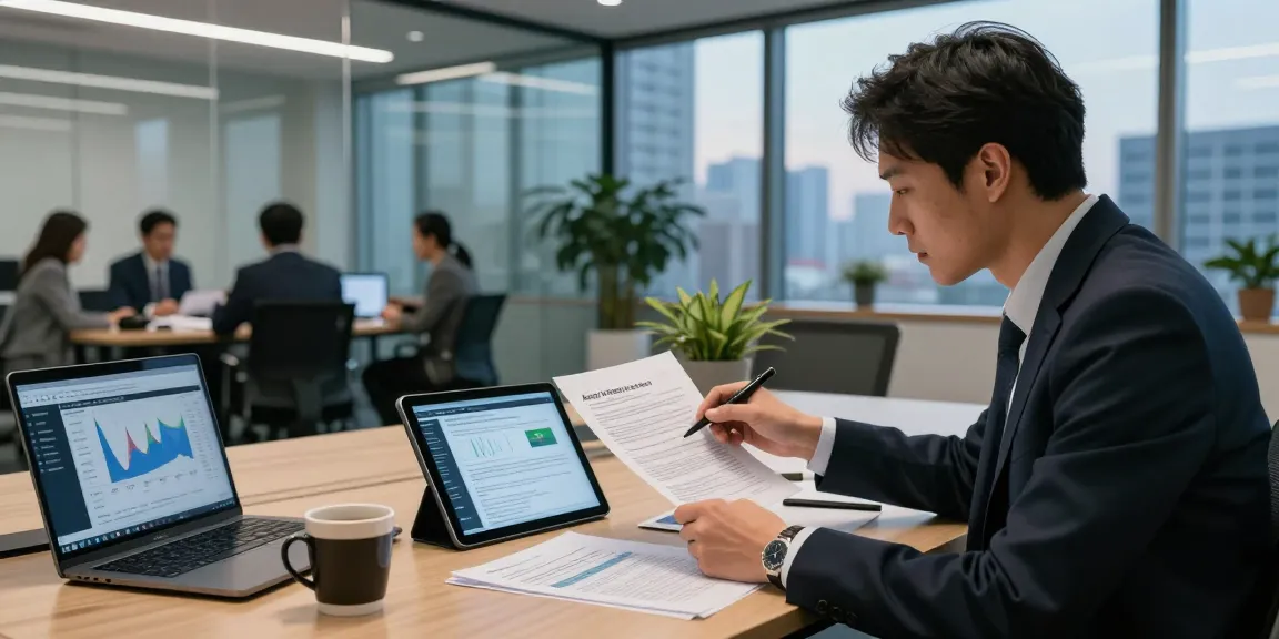 Professional consultant analyzing asset tracing documents in a modern office.