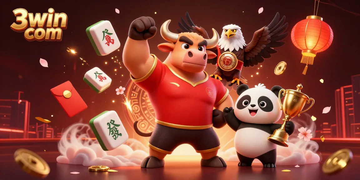 Experience excitement at 3win com with a joyful panda, a victorious bull mascot, and a proud eagle in a lively casino scene.