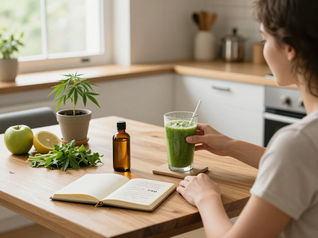 Jungle Boys CBD oil bottle amidst a wellness scene with smoothie, fruits, hemp plant, and natural light.