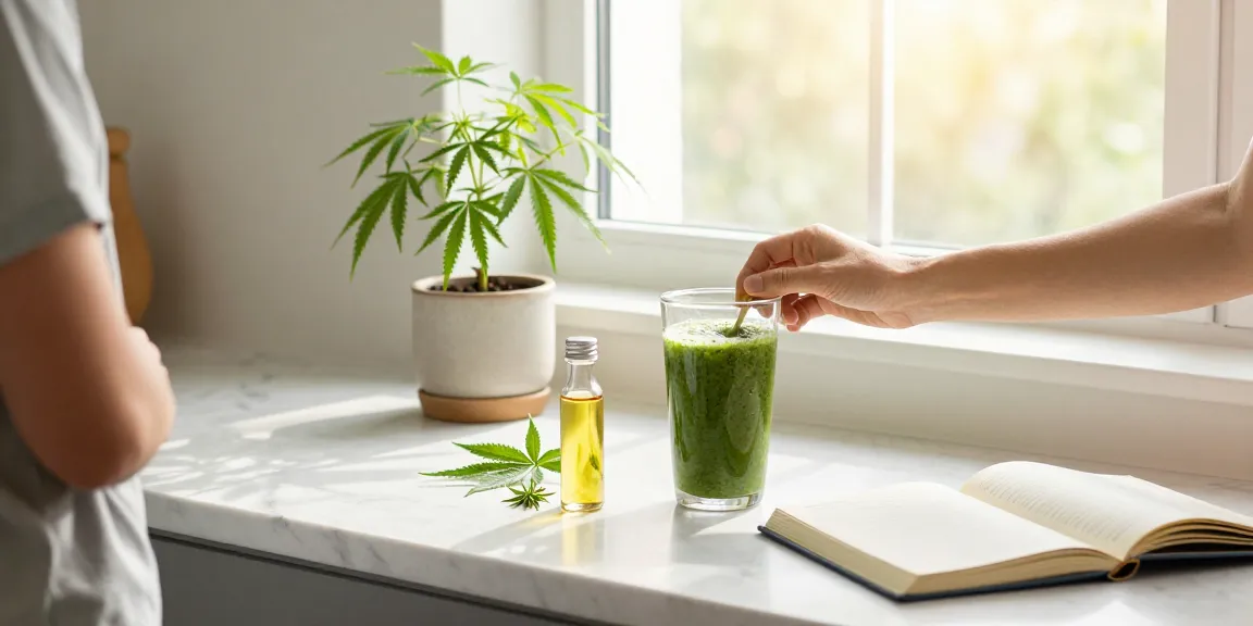 Muha meds disposable alongside premium CBD oil and fresh ingredients in a holistic kitchen setting.
