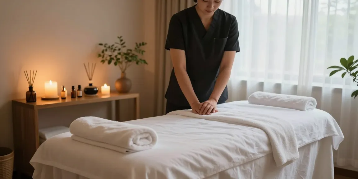 1인샵 massage therapy room with calming ambiance, massage therapist preparing for session.