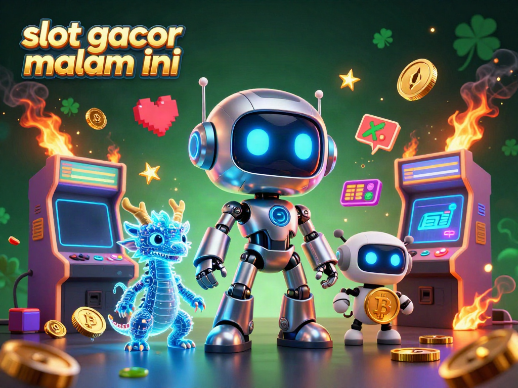 Gambarlah slot gacor malam ini dengan robot cyberpunk, naga AI, dan simbol bitcoin di kasino virtual.