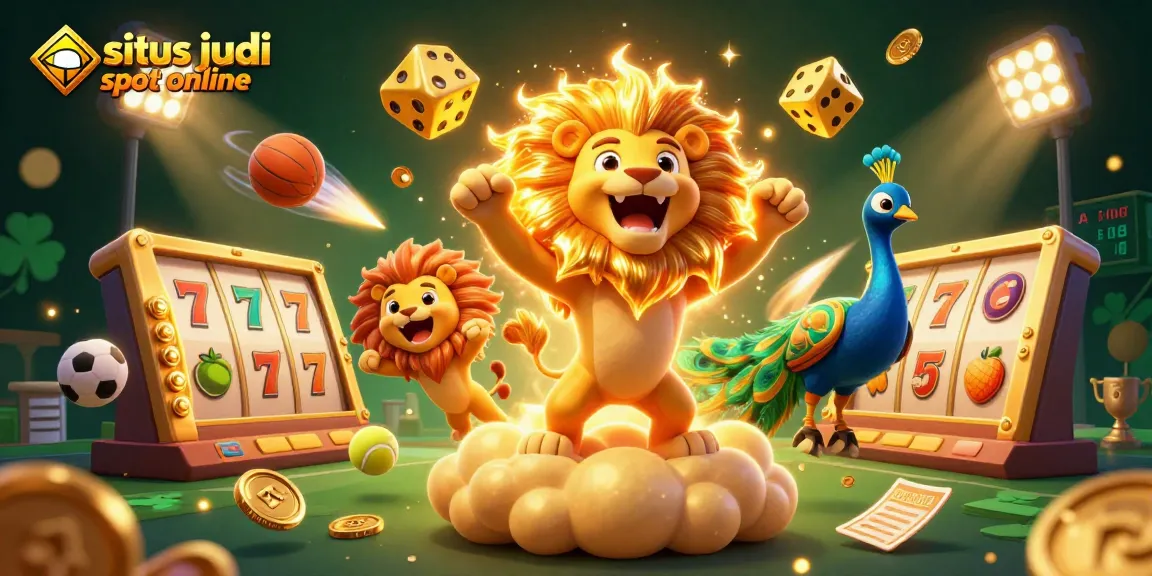 Menggertak permainan di situs judi slot online dengan karakter singa 3D dan elemen slot mewah.