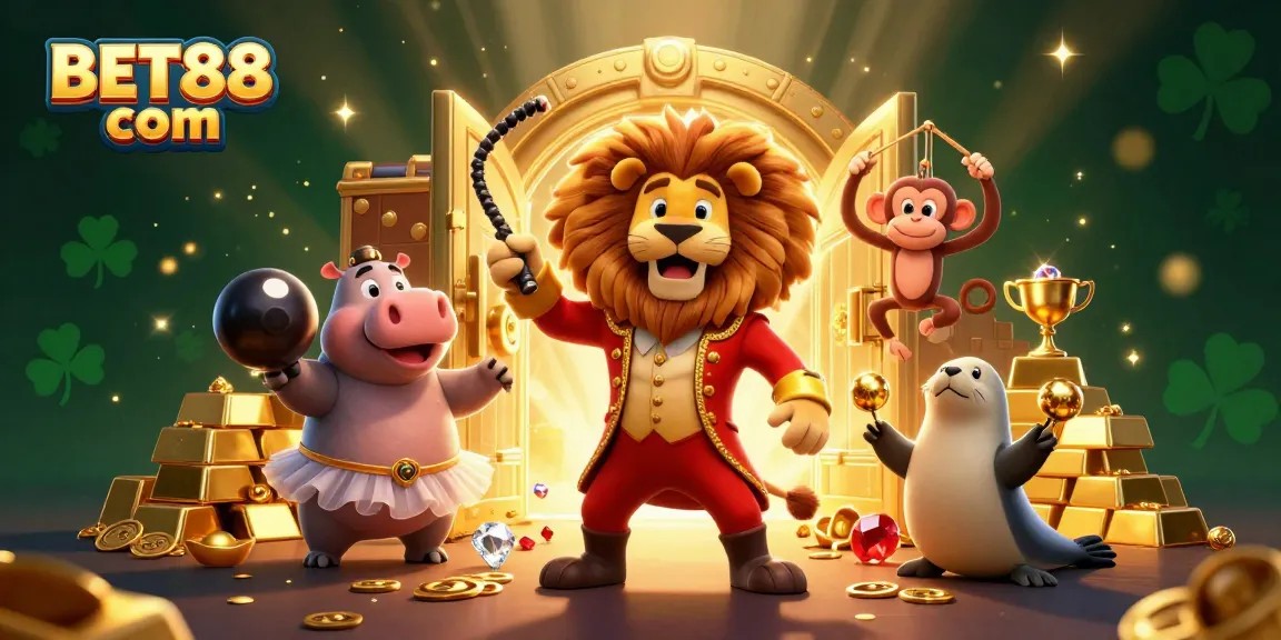 Engage in gaming excitement at BET88 com with vibrant casino-themed characters surrounded by treasures.