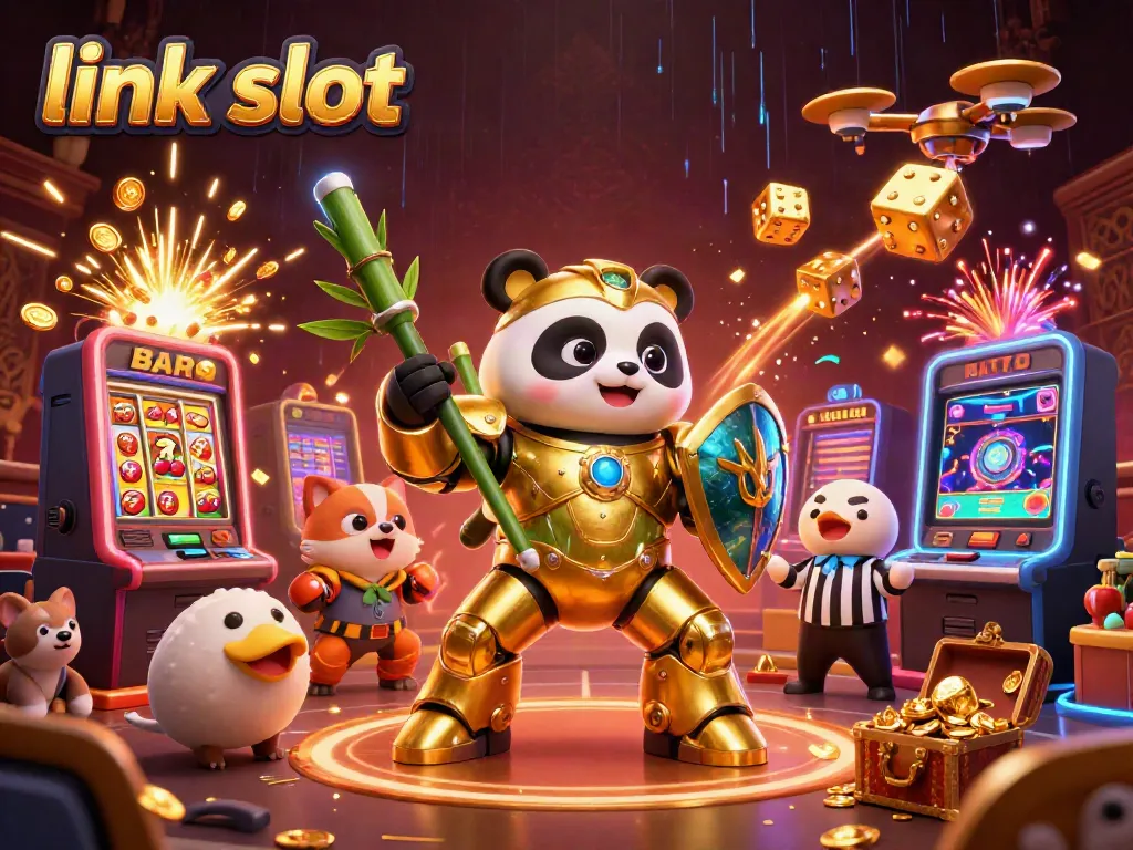 Permainan link slot yang menggugah selera dengan 3D panda emas dan perangkat kasino.