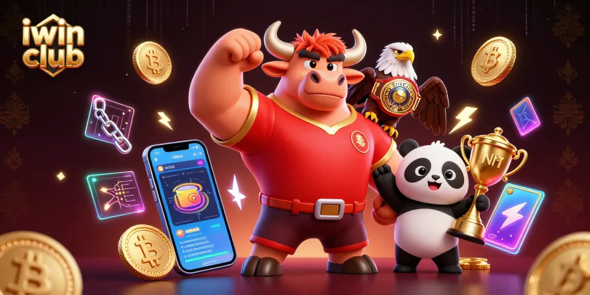Play exciting games at iwin club, featuring vibrant characters celebrating wins.