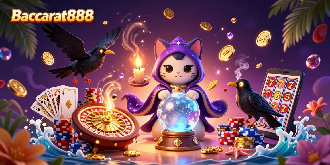Experience Baccarat888 with a mystical fortune teller cat, vibrant casino elements, and dynamic game interactions.