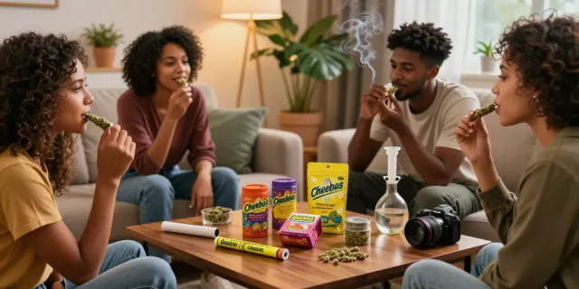 Friends enjoying Cheebas hash in a cozy living room setting with colorful products.