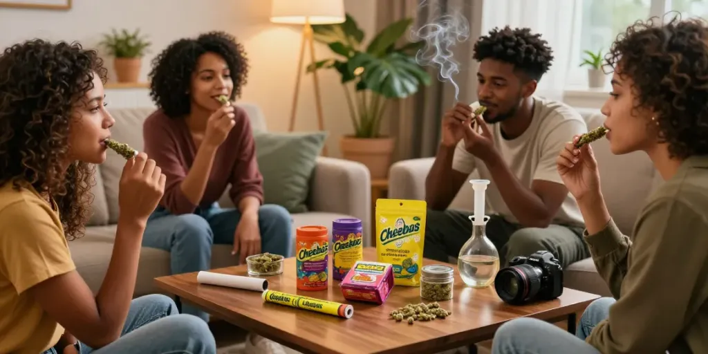 Friends enjoying Cheebas hash in a cozy living room setting with colorful products.