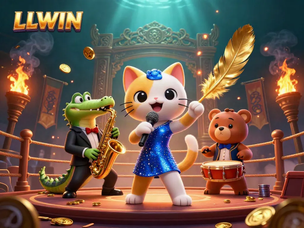 Engaging LLWIN casino scene with a singing cat, a saxophone crocodile, and a drum bear, surrounded by luminous casino elements.