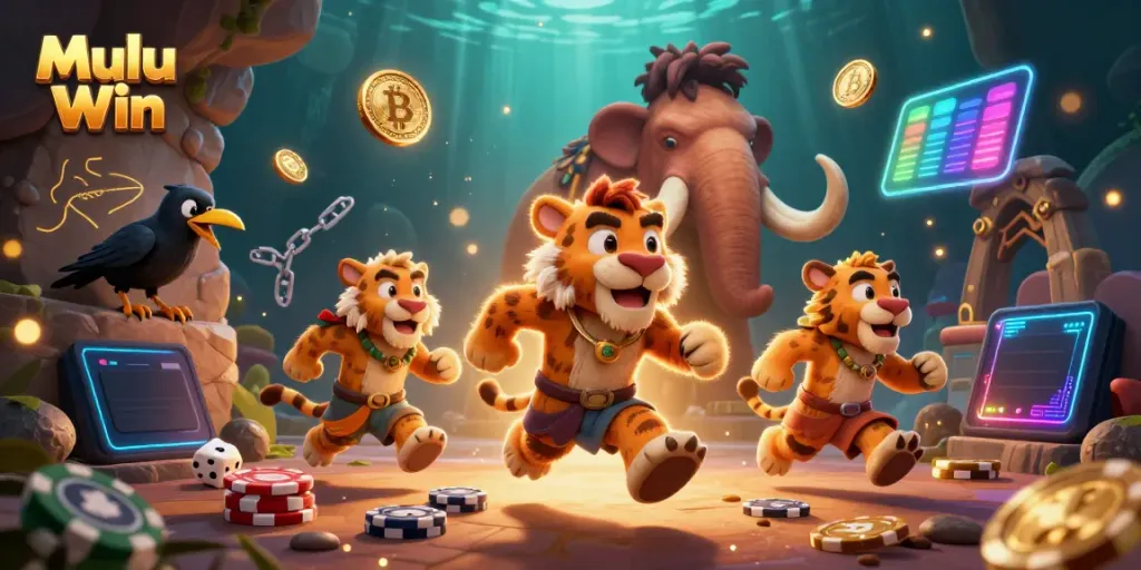 Experience Mulu Win with a vibrant casino scene featuring a caveman and sabertooth tiger.
