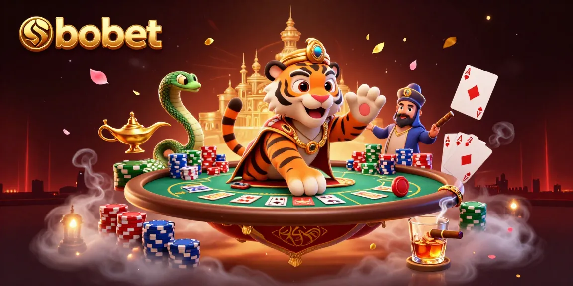 Engage with sbobet's vibrant 3D casino scene featuring a tiger sultan, poker elements, and dynamic action.