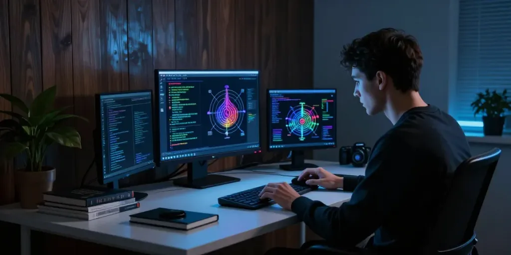 Individual researching the hidden wiki on multiple screens in a dark room, showcasing tech ambiance.
