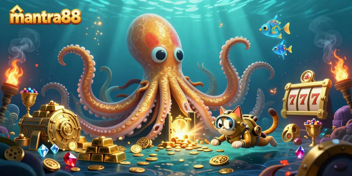 Engage with mantra88's treasure-filled ocean scene featuring a kraken and diving cat amidst gold and gems.