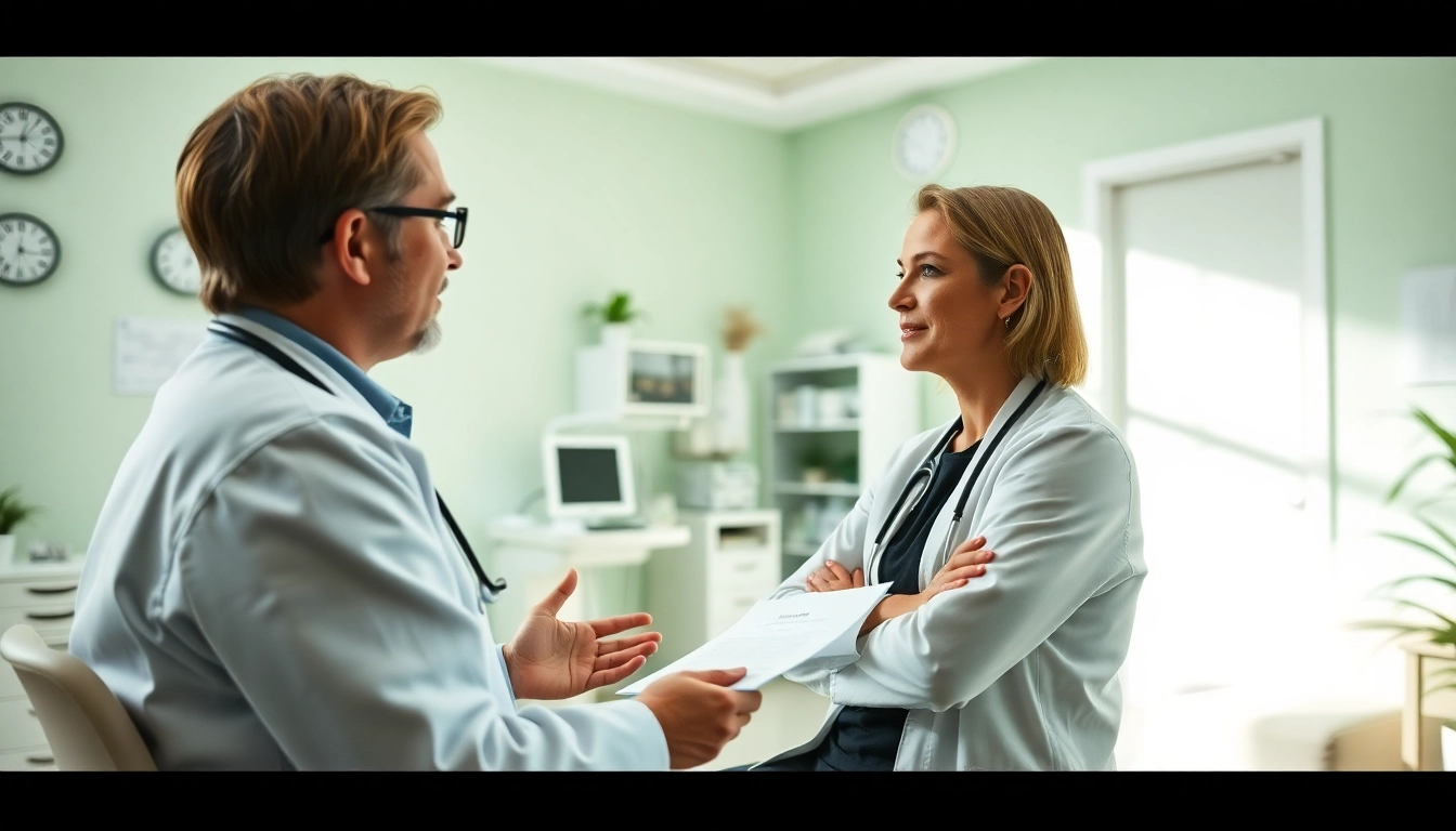 Discussing MMJ card online with a doctor in a bright clinic