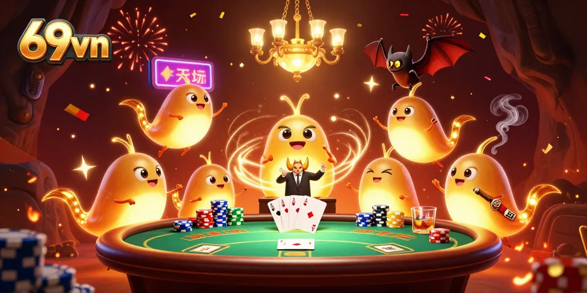 Engage in thrilling poker excitement at 69vn, with glowworms lighting the action and chips cascading.