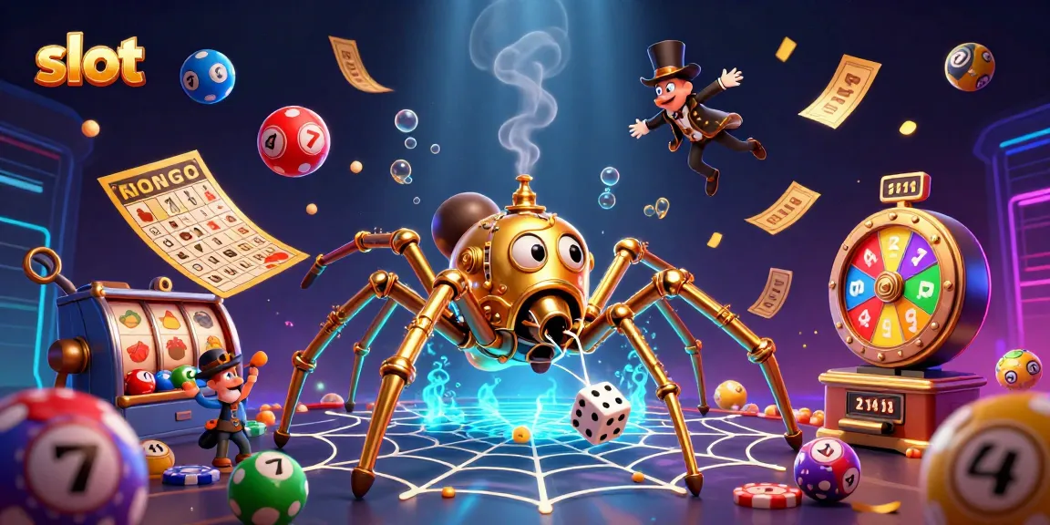 Engaging slot scene displaying a steampunk spider and fly gentleman amid vibrant lottery elements.