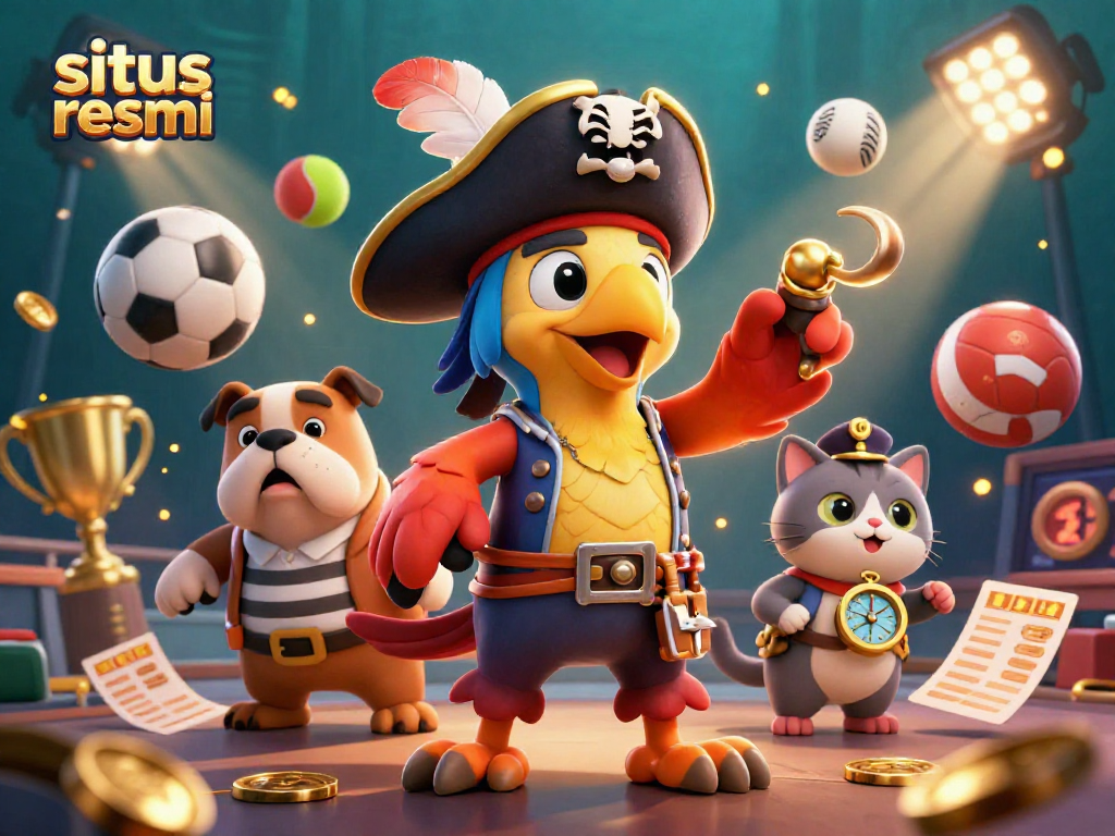 Situs resmi-based sports betting promotion featuring a dynamic pirate scene with characters and sports elements.